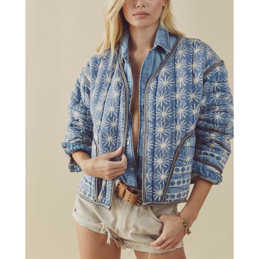 Free People Blue Quilted Star Print Jacket